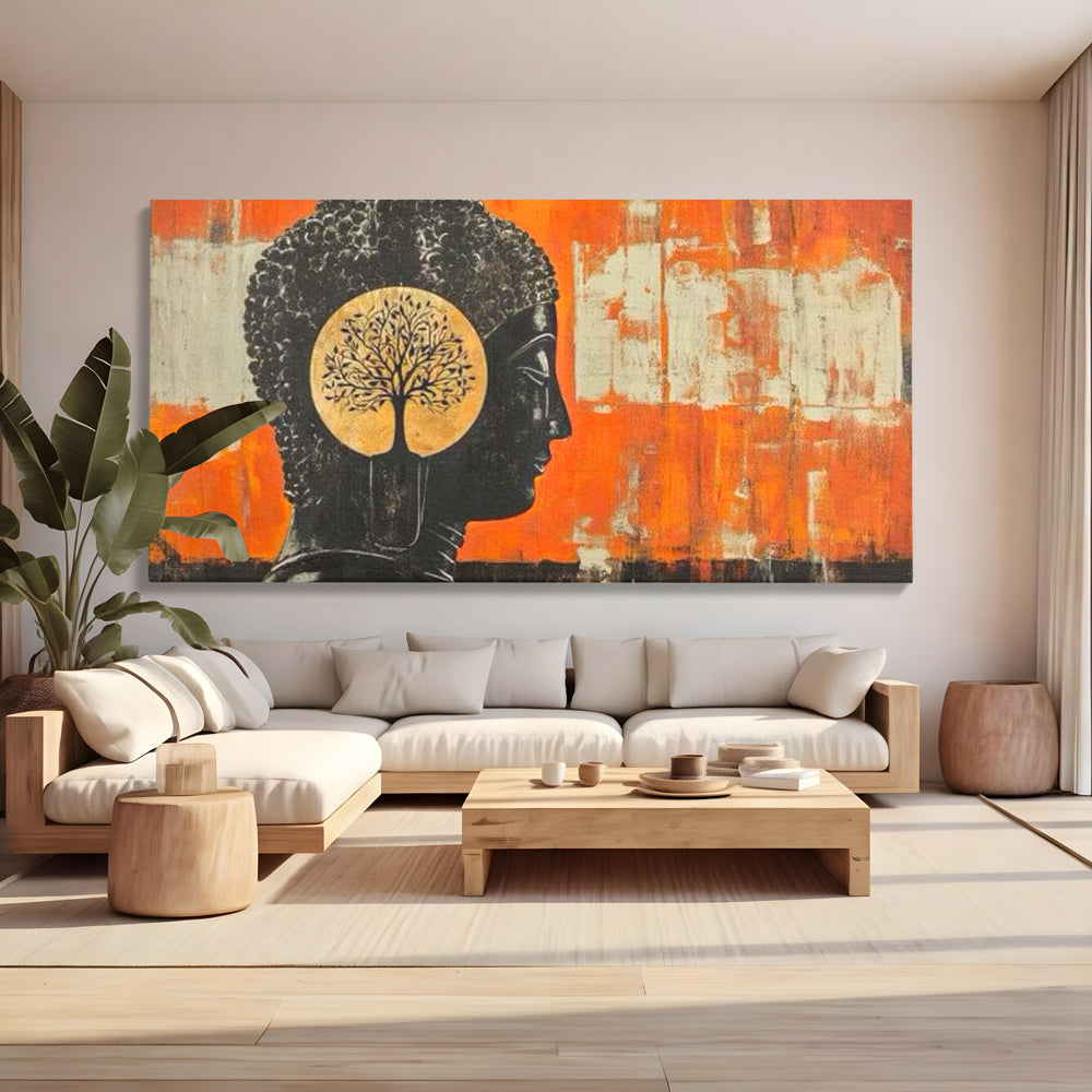 Tablou canvas cu tablou canvas cu profilul lui buddha, fara rama, pe sasiu de lemn, pe perete intr-un living